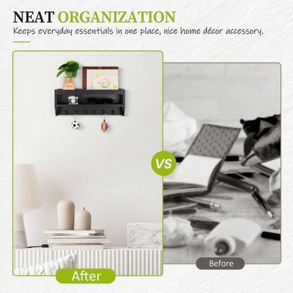 Nekon Key Holder Wall Mount, Pine Wooden Mail Organizer, White | 12.8"W x 5.6"H x 3.7"D Wall Mounted Key and Mail Organizer with 6 Key Hooks, Key Rack for Home Entryway Decor