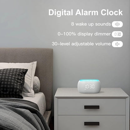 ANJANK White Noise Sound Machine Alarm Clock with Hi-Fi Bluetooth Speaker, 21 Soothing Sounds/7 Night Lights, 0-100% Dimmer/Sleep Timer/Volume Control, Soother for Adults Kids Sleeping, Bedroom, White
