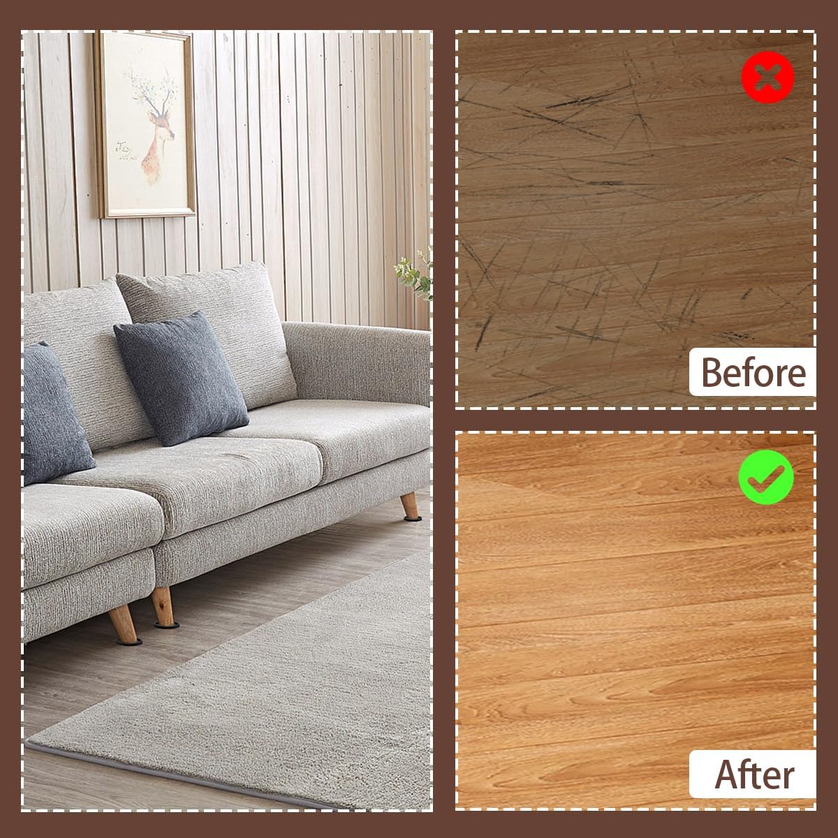 12Pcs 2.5in Furniture Coasters Non-Slip Bed Leg Pads Round Rubber Anti Sliding Caster Cups for Hardwood Floors Brown