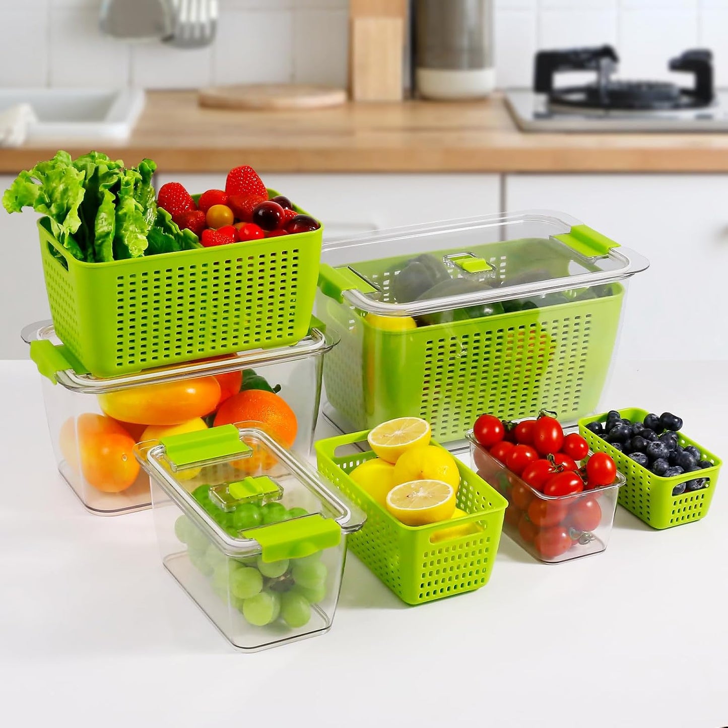 LUXEAR 4 Pack Fruit Vegetable Containers for Fridge, Produce Saver Container with Lids &Removable Colander BPA-free Refrigerator Storage Organizer for Fruit Vegetable, Berry, Meat keep Fresh Longer | BPA Free with Removable Colanders Leak-proof Fridge