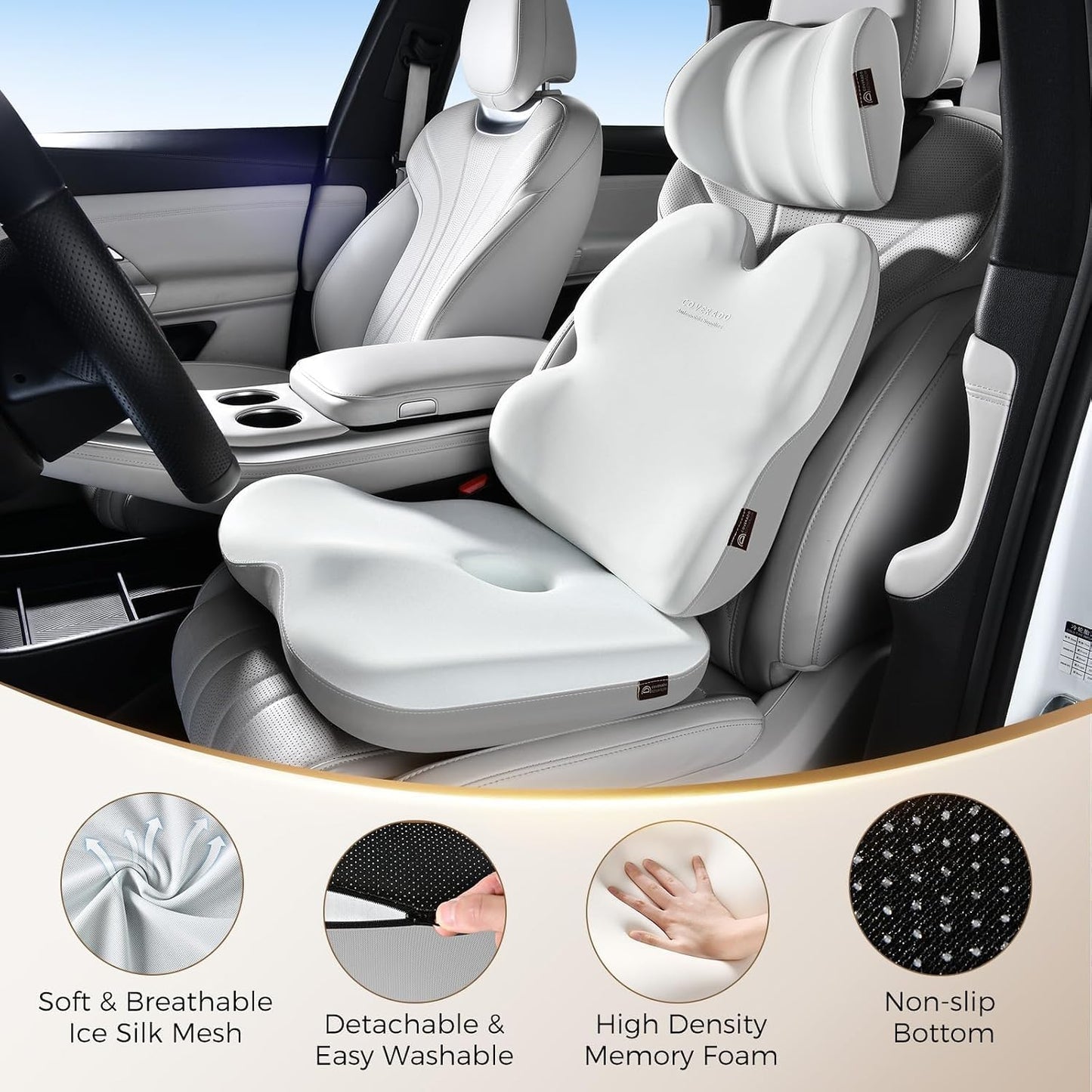 Coverado Lumbar Support Pillow and Seat Cushions for Office Chairs, Memory Foam Orthopedic Coccyx Cushion for Tailbone Pain Cushion Pillow & Back Pain Pressure Relief Seat Cushion Coffee&Beige