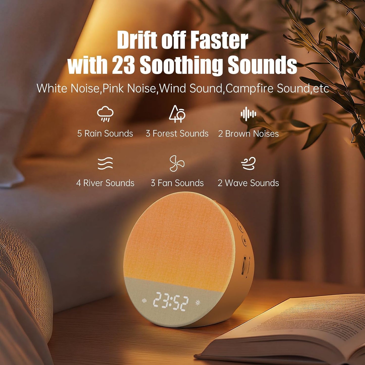 Alarm Clock Sound Machine Sleeping, Sunrise Digital Alarm Clocks Bedrooms, Loud Bluetooth Speaker Alarms Clock 23 White Noise Dual Alarms Snooze 12/24H Night Lights Timer USB Charging Dimmer, White