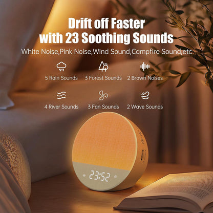 Alarm Clock Sound Machine Sleeping, Sunrise Digital Alarm Clocks Bedrooms, Loud Bluetooth Speaker Alarms Clock 23 White Noise Dual Alarms Snooze 12/24H Night Lights Timer USB Charging Dimmer, White