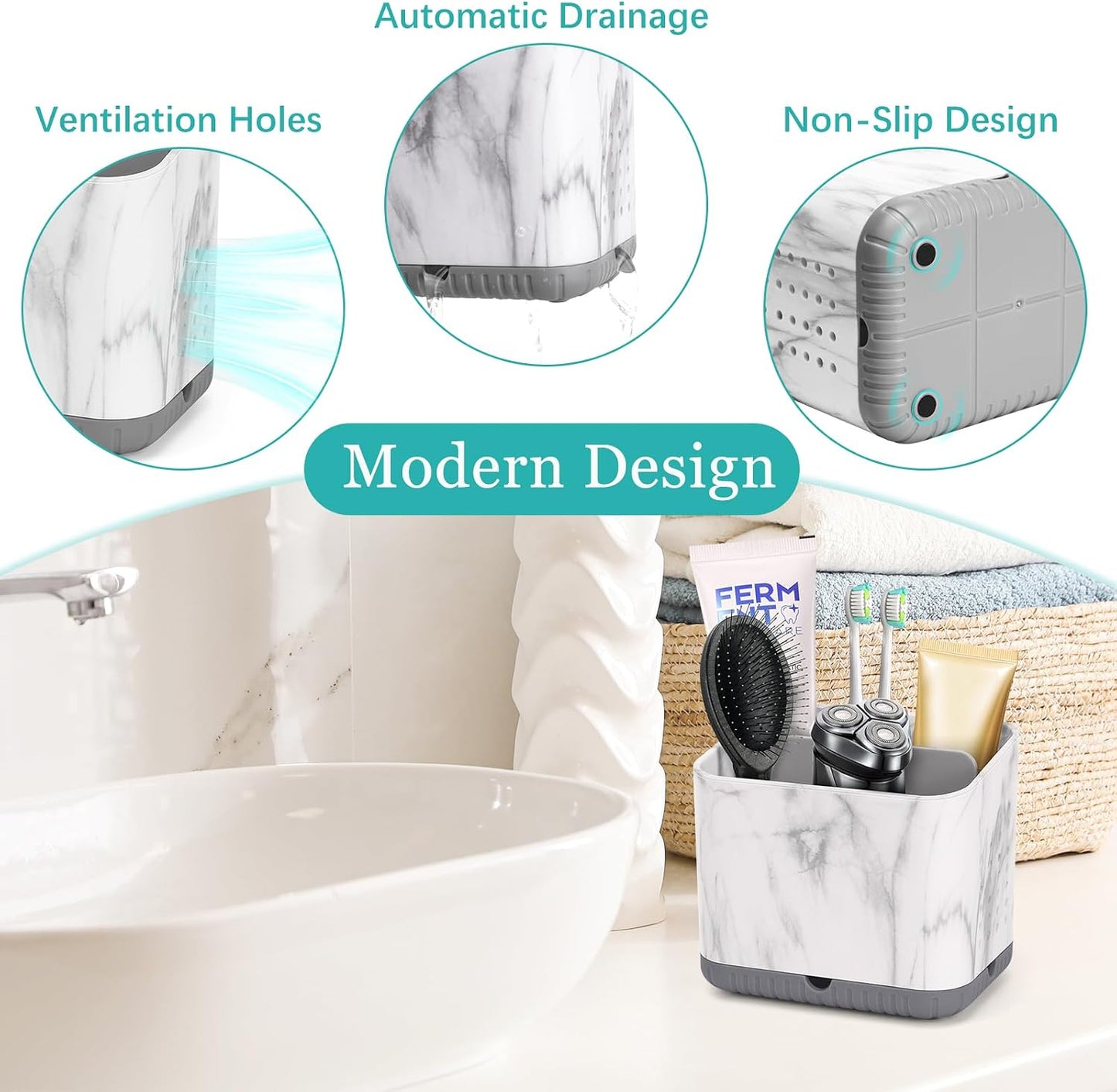 Bathroom Toothbrush Holders, Toothbrush and Toothpaste Holder (Wood Grain) | Easy To Clean, Drainage, Removable, Non-Slip, 4 Slots Tooth Brush Holder for Bathroom Countertop Organizer