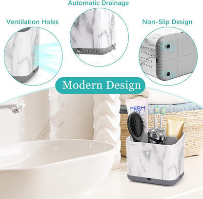 Bathroom Toothbrush Holders, Toothbrush and Toothpaste Holder (Wood Grain) | Easy To Clean, Drainage, Removable, Non-Slip, 4 Slots Tooth Brush Holder for Bathroom Countertop Organizer