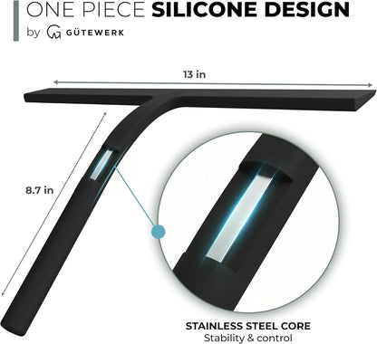 Silicone Shower Squeegee with 3-in-1 No-Drill Mount, Black, 9'' | Squeegee for Glass Doors & Mirrors with Stainless Steel Core, Streak-Free & No-Squeak Window Cleaning, Hook/Suction/Adhesive