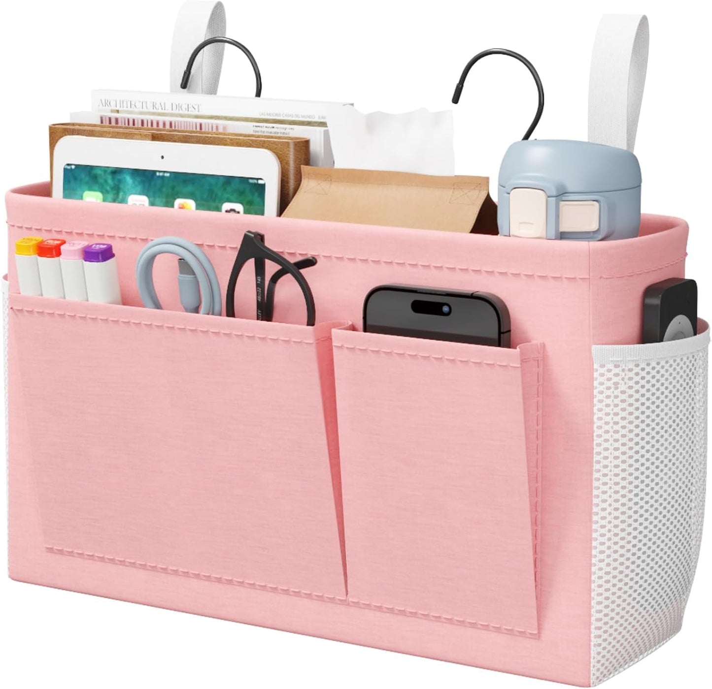 Lifewit Bedside Caddy Storage Organizer, Hanging Storage Bag with Fixed Straps, Book Remotes Holder for Home, College, Dorm, Bunk, Hospital, Crib Bed Rails, White