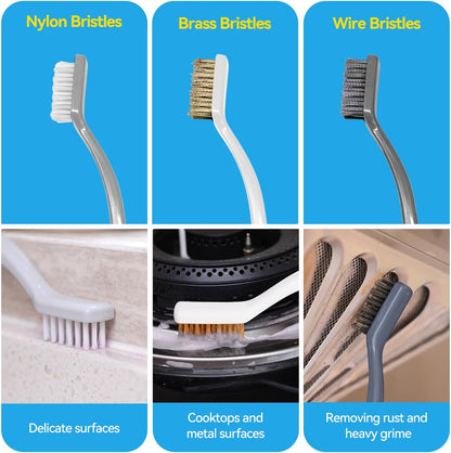 Crevice Cleaning Brush Set for Kitchen & Window Tracks, 4-Piece | 4-piece set includes hard bristle, steel wire, brass wire, nylon brushes and a built-in scraper for gaps, grout and tracks.