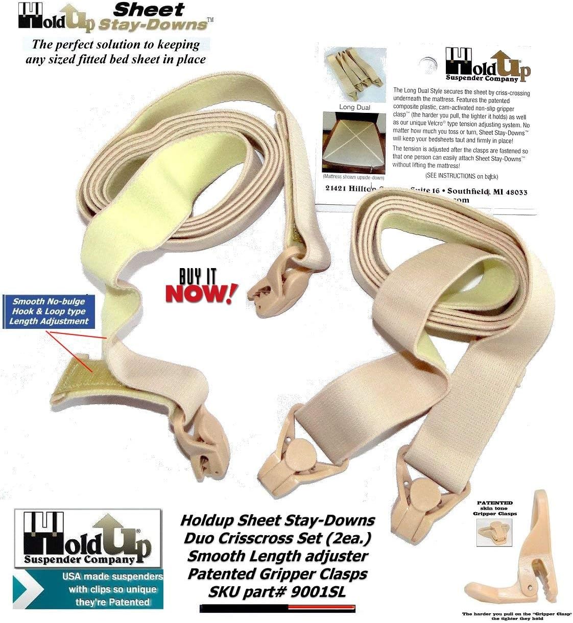 Holdup Bed Sheet Stay-Downs Short Quad USA Patented Plastic Gripper Clasps
