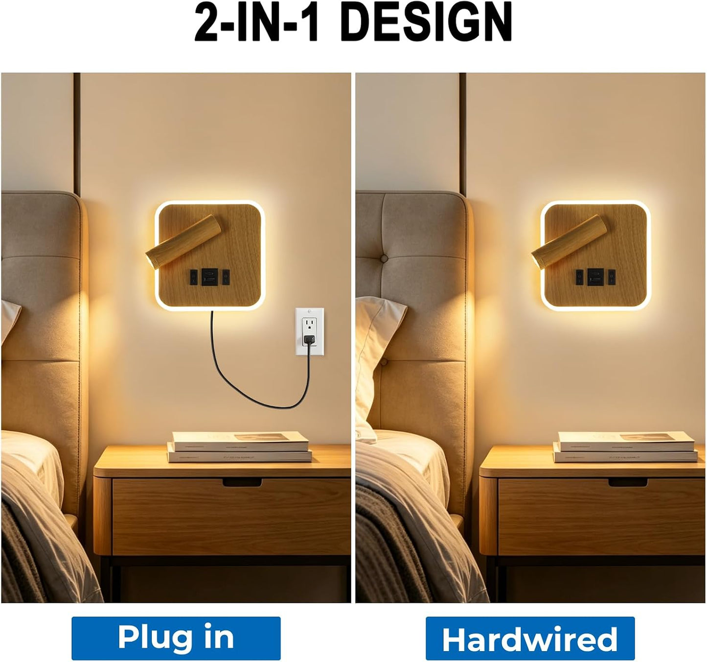 Plug in Wall Sconce with Wall Mounted Reading Lights with Switch | Wall Lamp for Bedroom with Charging Station USB C+A Ports,Bunk Bed Lights with 3W+9W Night Light,Walnut Color Reading Light