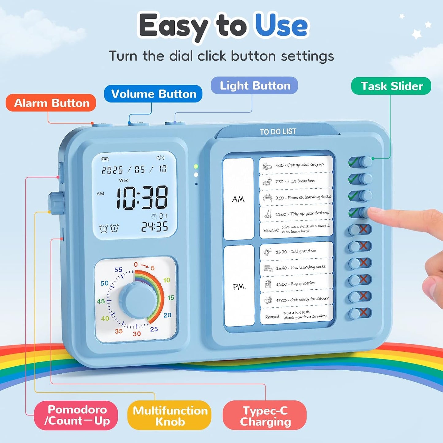 3-in-1 Visual Timer for Kids, Chore Chart for Kids, Visual Schedule（Blue） | To do list board, routine chart for home, school, classroom, ADHD/autism visual support, checklist, silent vibration alerts
