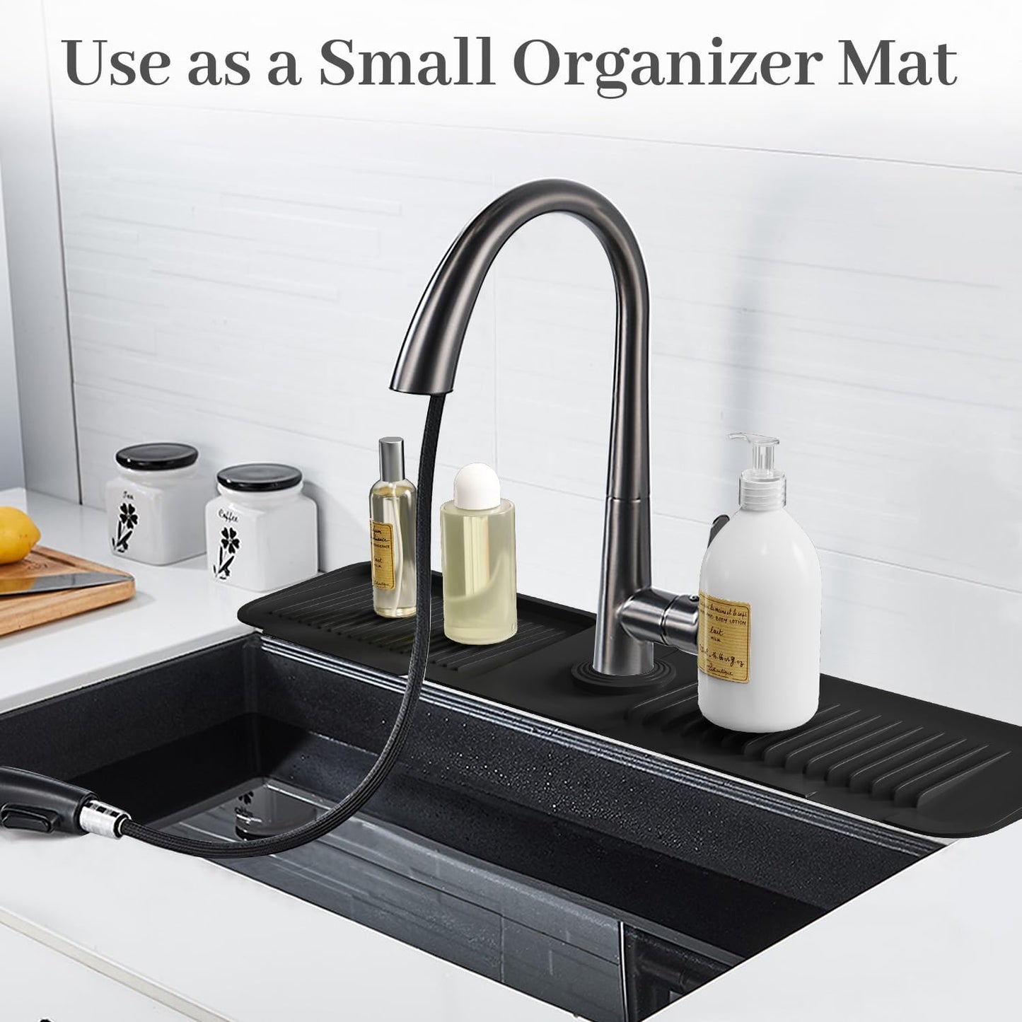 PoYang 23.6 Inch Silicone Sink Splash Guard, Kitchen Sink Mat, Light Grey | Faucet Mat with Wide Drainage & Cuttable Hole, Keeps Faucet Base Dry, Long & Short Sink Protectors for Kitchen, Bathroom & RV
