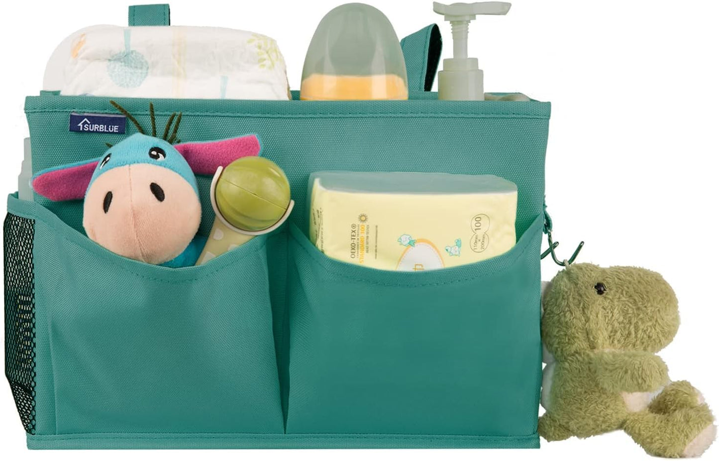 Surblue Bedside Caddy Hanging Organizer Storage Bag Pocket for Bunk, Hospital, College Dorm Rooms, Baby Bed Rails, Camp - 4 Pockets, 2 Hooks (Blue)