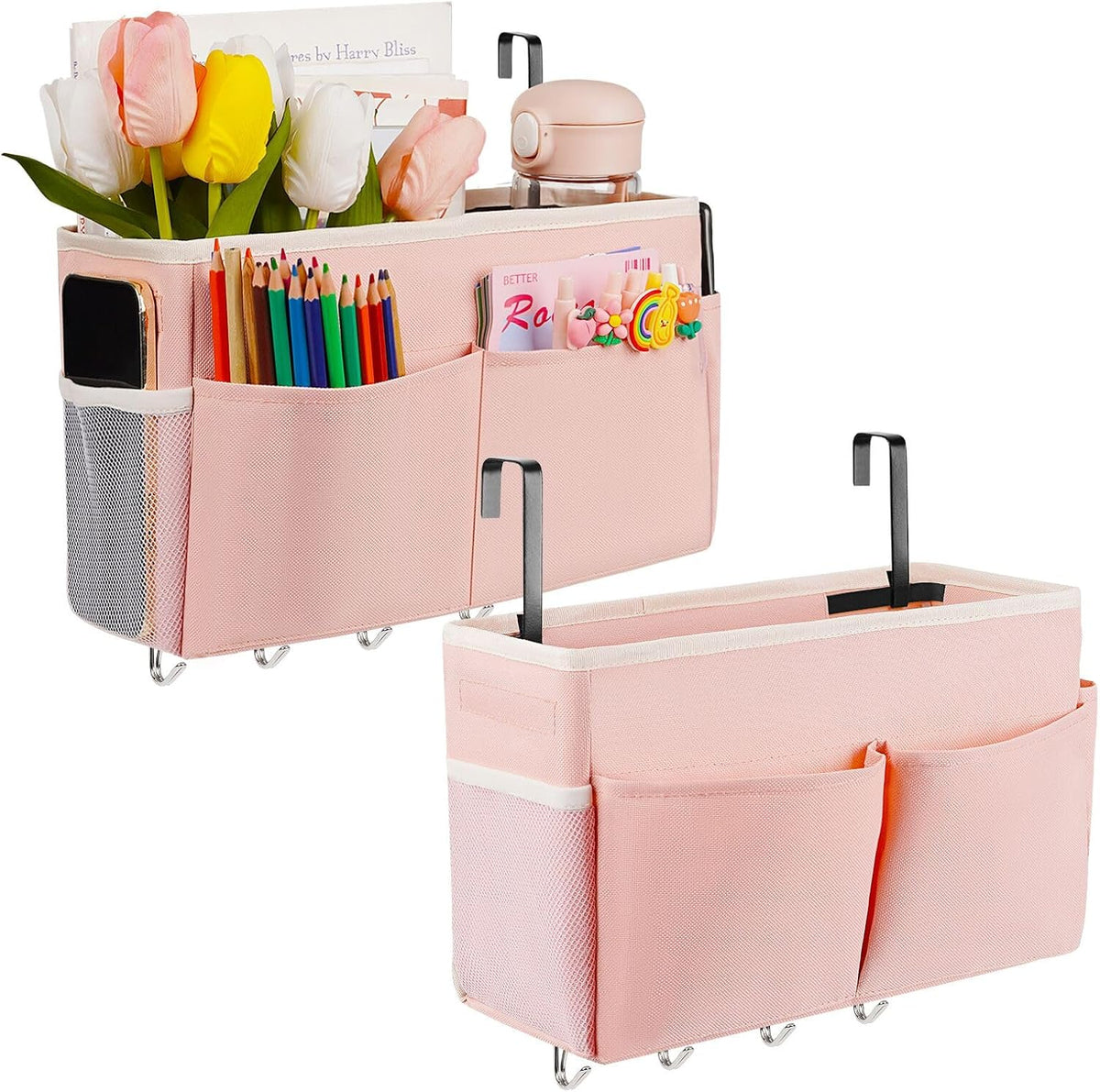 Bedside Caddy Organizer 5 Pockets and 4 Hooks for Bunk Bed Pink