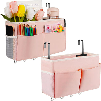 Bedside Caddy Organizer 5 Pockets and 4 Hooks for Bunk Bed Pink
