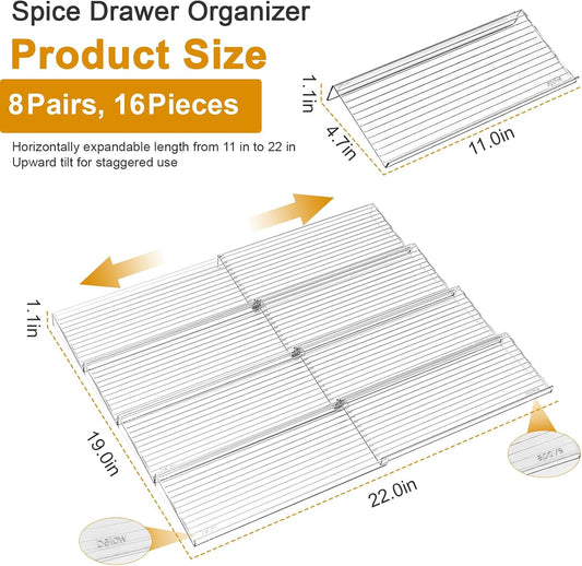 16 Pack Acrylic Drawer Seasoning Organizer, Expandable From 11''-22'' | Tiered Clear Spice Tray, Adjustable In Drawer Spice Organizer for Spices, Condiment, Nail Polish and Jar Organization