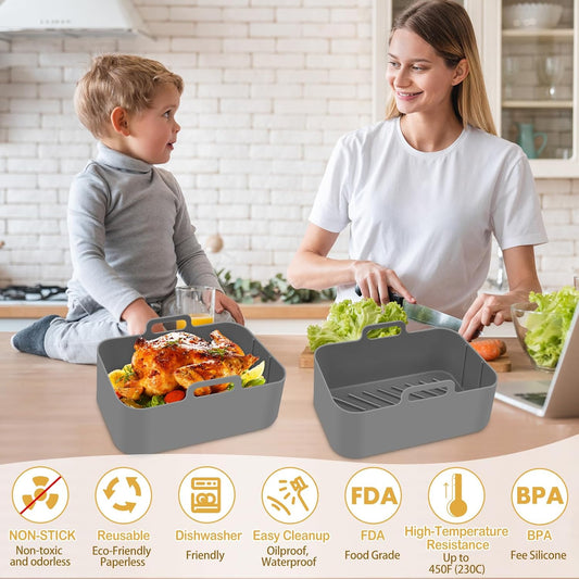 Silicone Air Fryer Liners 10QT, Reusable Airfryer Basket Liners Rectangular for Ninja DZ550/DZ401, 2Pcs 5QT Large Air Fryer Accessories,Replacement Basket Insert with Magnetic Cheat Sheet (2 Pcs Grey)
