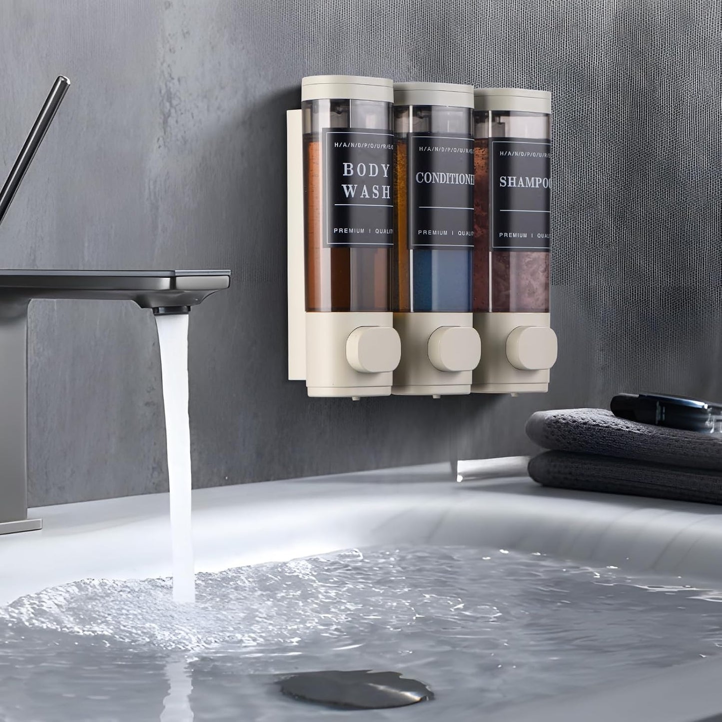 Shampoo and Conditioner Dispenser,Shower Soap Dispenser 3 Chamber No Drill Wall-Mounted Shampoo Dispenser for Shower Wall Mounted Shower Dispenser for Bathroom Hotel Large Capacity,Dark Gray1