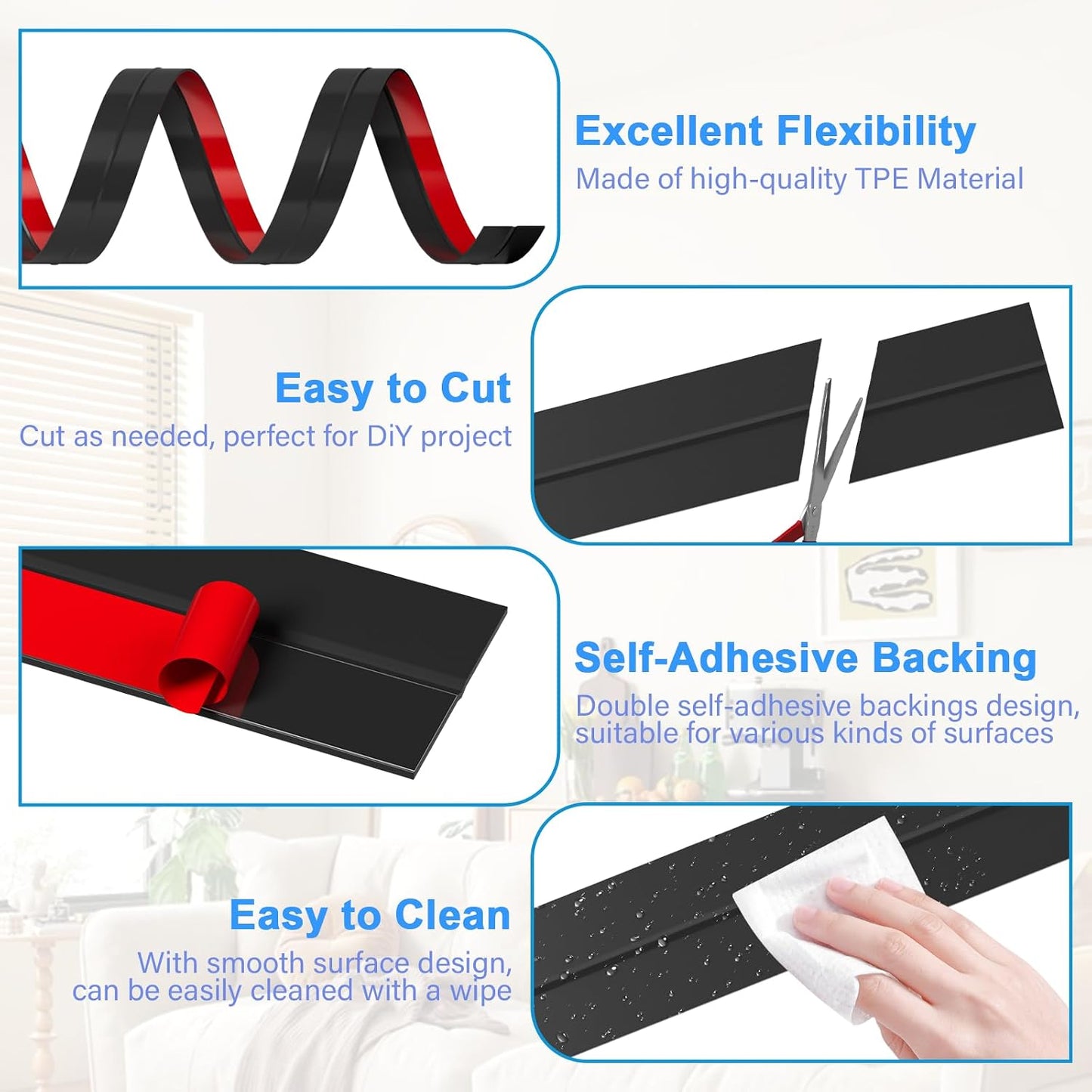Door Weather Stripping, Silicone Door Seal Strip Sealing Tape, Door Draft Stopper Adhesive Seal Tape for Doors Windows &Shower Glass Door Gaps (Thickness Upgrade)