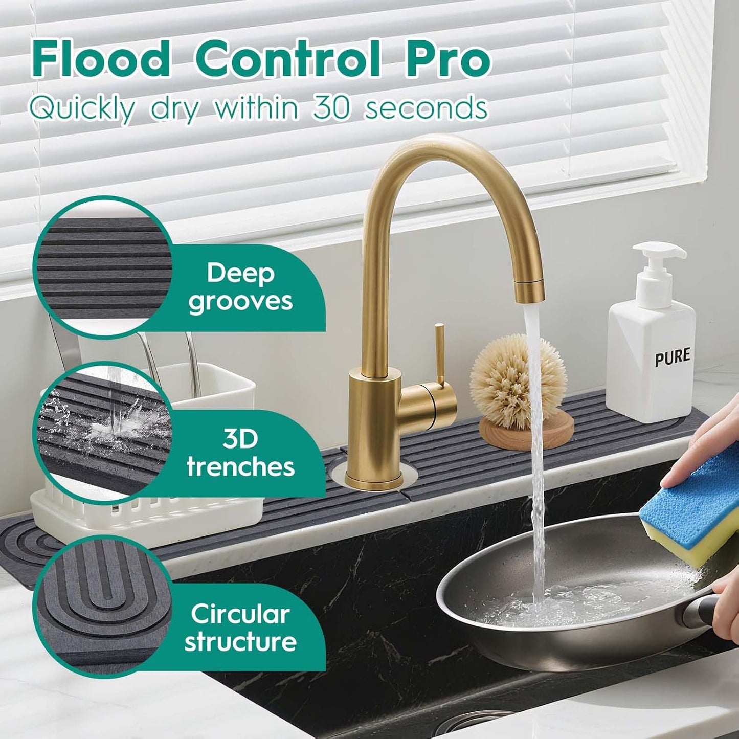 24 Inch Inch Stone Faucet Mat for Kitchen Sink, Dark Grey | Sink Splash Guard, Water Absorbing Stone Tray, Super Absorbent, Diatomite Drain Protector，for Kitchen Bathroom Counter