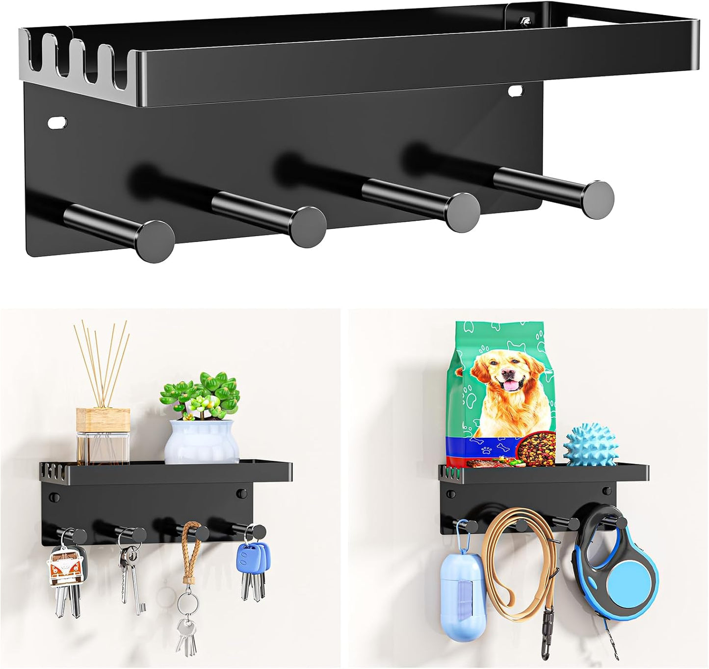 Dog Leash Holder for Wall, Key Holder Wall Mount, Metal Dog Leash Hooks, Pet Stuff Storage Shelf for Leash Hanger, Entryway Organizer Key Rack for Pet Collar, Treats, Toys, Mail (Black)