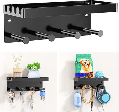 Dog Leash Holder for Wall, Key Holder Wall Mount, Metal Dog Leash Hooks, Pet Stuff Storage Shelf for Leash Hanger, Entryway Organizer Key Rack for Pet Collar, Treats, Toys, Mail (Black)