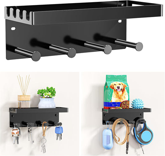 Dog Leash Holder for Wall, Key Holder Wall Mount, Metal Dog Leash Hooks, Pet Stuff Storage Shelf for Leash Hanger, Entryway Organizer Key Rack for Pet Collar, Treats, Toys, Mail (Black)