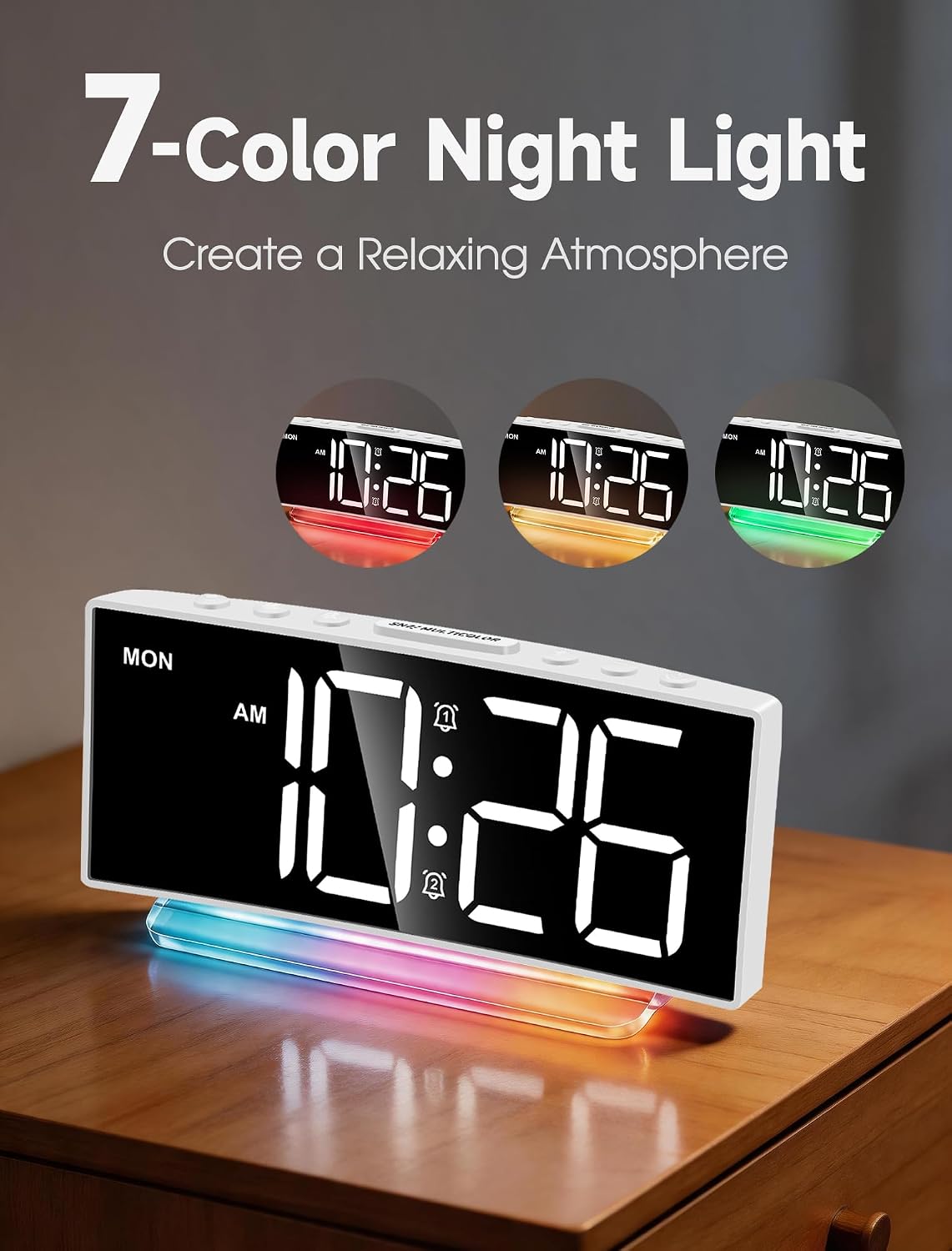 Cadmos Digital Alarm Clock - Extra Loud for Heavy Sleepers Adults Teens Kids, Rainbow Bedside Clock for Bedrooms, Large Display, 7 Color Night Light, Weekday & Weekend, 12/24h (Black+Dynamic)