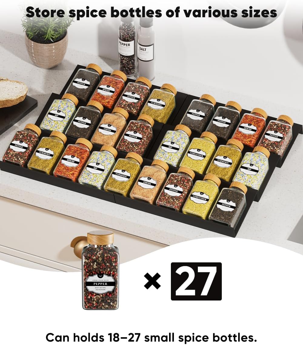 Spice Drawer Organizer, Spice Rack Tray for Kitchen Cabinet, Expandable Seasoning Storage Rack Insert for Drawer/Countertop,9 Pieces Set, Aluminum (Jars Not Included)