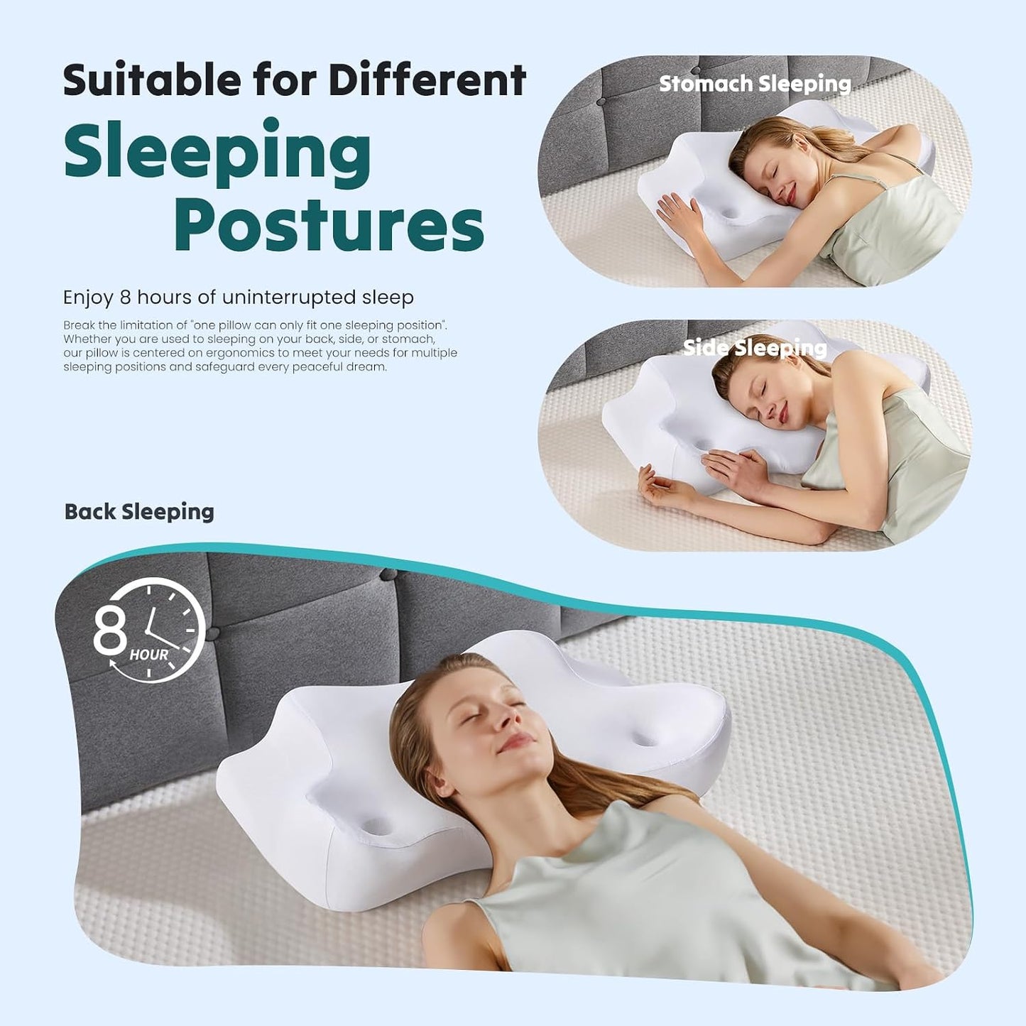 Sweetcrispy Cervical Pillow for Neck Pain, Ergonomic Contour Memory Foam Pillow with Detachable Roll Support, Cooling Breathable Cover for Side Back Stomach Sleepers