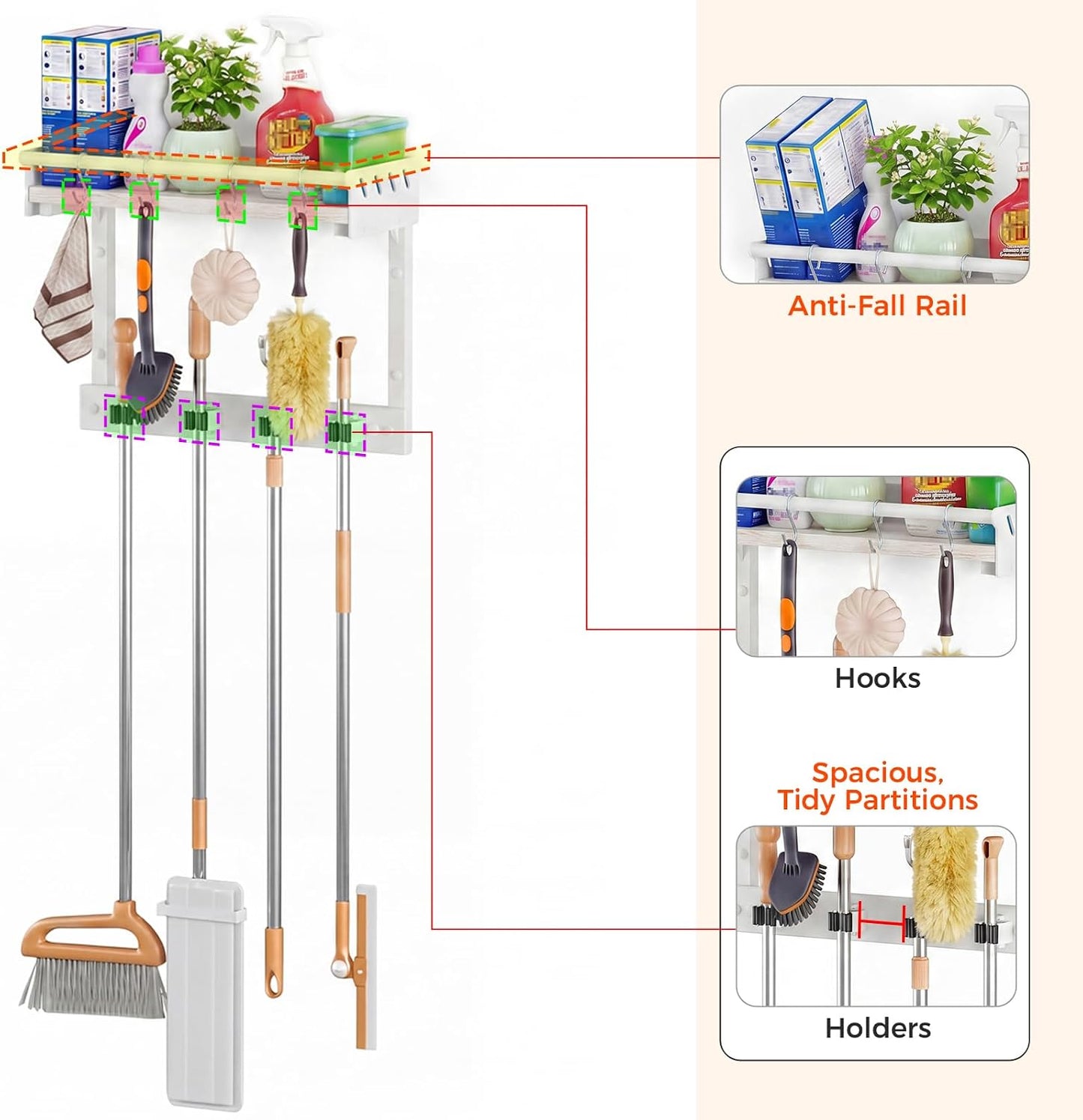 Broom Holder Wall Mount with Shelf, Black, L | 3 in 1 Broom and Mop Organizer, Wall Hanging, For Laundry, Garage, Utility, Vacuum Stand Alternative