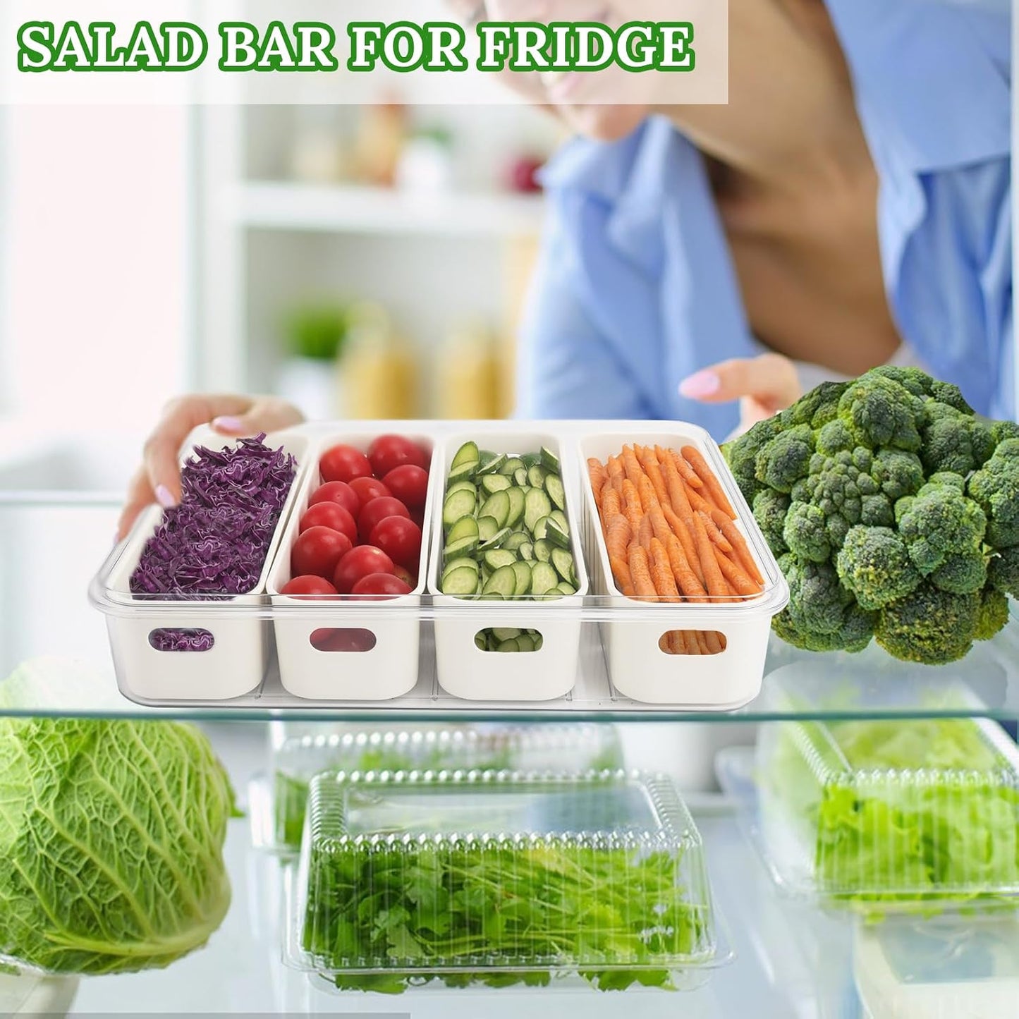 Fruit Storage Containers for Fridge with Lid and Handle, Veggie Tray Bins | Portable Fresh Produce Saver, Food Storage Container with 4 Removable Strainers,Salad Bar for Berry, Vegetable, Refrigerator