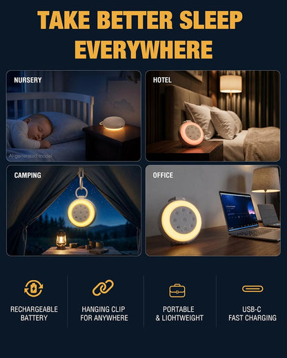 MEGATEK Portable Sound Machine for Sleeping, White Noise Machine with 24 Soothing Sounds, Bluetooth Speaker, Rechargeable, Dimmable Night Light, 180s Voice Recording, Sleep Timer