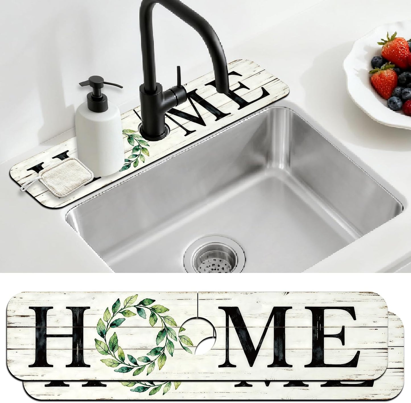 2Pcs Peonies Kitchen Sink Splash Guard Faucet Mat Vintage Florals Faucet Mat For Bathroom Kitchen 5.5x23.6In