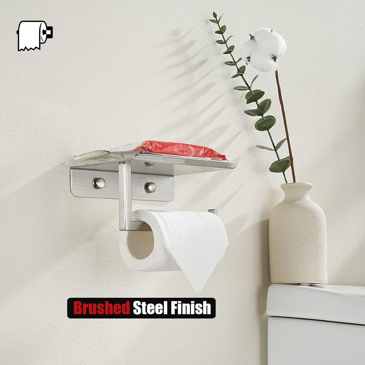 JQK Toilet Paper Holder Shelf, Bathroom Tissue Roll Holder with Phone Shelf, 5 Inch 304 Stainless Steel Tissue Paper Dispenser, Matte Black Wall Mount, TPH202-PB