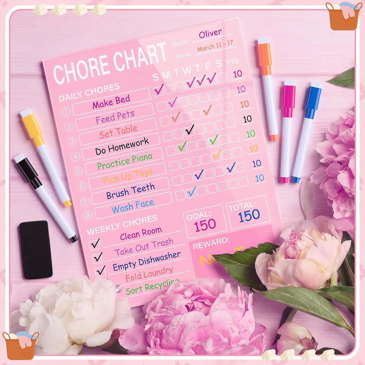 Eaasty Acrylic Magnetic Chore Chart Dry Erase Acrylic Board 8.66" x 11.8" Daily Chore Planner to Do List Reward Responsibility Chart with Magnetic Markers and Board Eraser for Home Refrigerator (Blue)