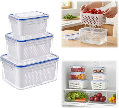 Fruit Storage Containers for Fridge with Removable Colander, Airtight Produce Storage Containers with Lids, Fridge Organizers and Storage for Berry, Fruit, Vegetables, Salad & Meal Prep (Gray, S+M+L)