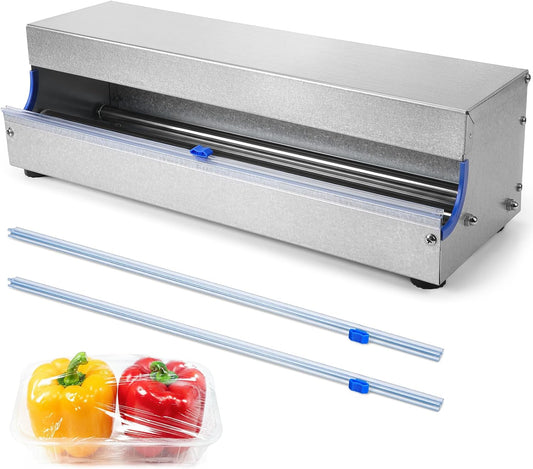 Lounsweer 18 Inch Stainless Steel Plastic Wrap Dispenser with Slide Cutter | with 2 Slide Blades, Fit 9.8"-18" Width Cling Film, Rustproof Manual Wrapper for Household Commercial Food Packaging