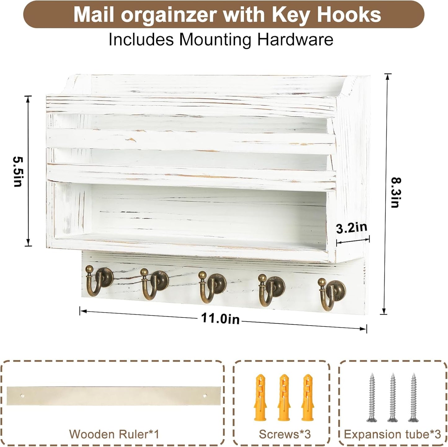 Key Holder Wall Mount with Mail Organizer, 5 Key Hooks, Brown | Wood Mail Organizer Wall Mounted with 5 Key Hooks & Storage Box and Mail Organizer for Entryway, Apartment, Home and Office