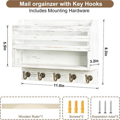 Key Holder Wall Mount with Mail Organizer, 5 Key Hooks, Brown | Wood Mail Organizer Wall Mounted with 5 Key Hooks & Storage Box and Mail Organizer for Entryway, Apartment, Home and Office