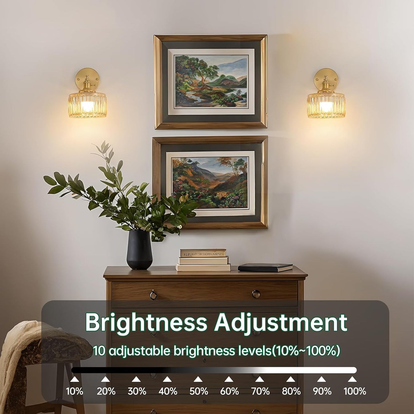 Shenmoyl Battery Operated Wall Sconce with Green Striped Shade Pattern Glass Adjustable Chain Retro Gold Wall Mounted Light, Modern Wall Lamp Fixtures Decor for Bedside Bedroom Indoor Doorway