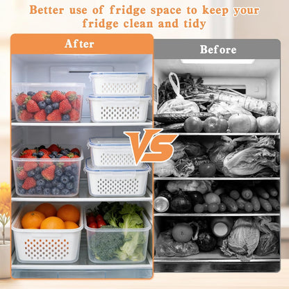 3PCS Fruit Storage Containers, Fruit Storage Containers With Lid And Colander, Household Transparent Plastic Food Storages Box-Including Drain Basket, Multipurpose Large For Fridge
