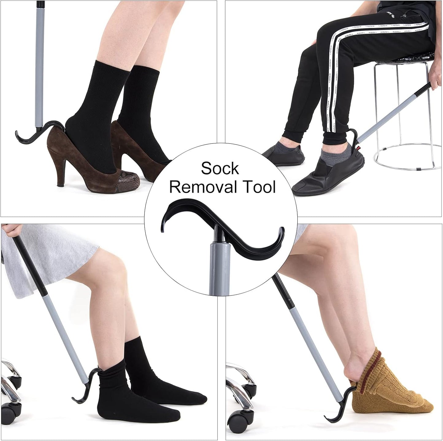 35" Long Dressing Stick with Shoe Horn with Sock Removal Tool, Adjustable Extended Dressing Aids for Shoes, Socks, Shirts and Pants