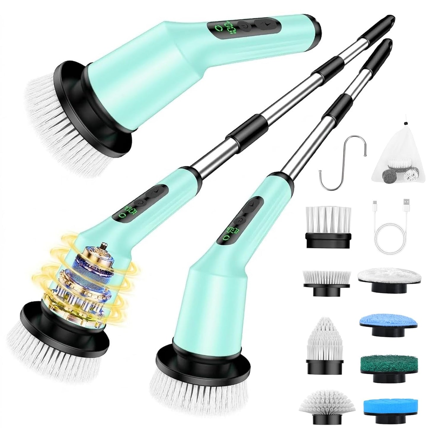 Electric Spin Scrubber for Bathroom, Shower Scrubber with Long Handle | Shower Cleaner Brushes, IPX7 Waterproof & 2 Speed, 3 Brush Heads, 90min Runtime, Bathroom Cleaning Supplies for Toilet Tub