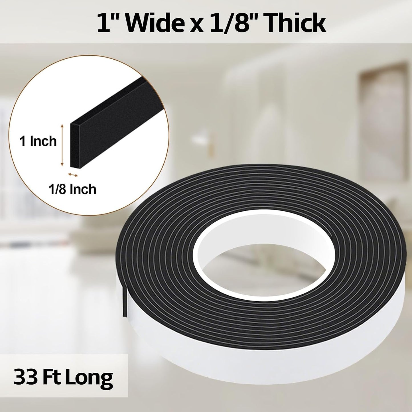 1 in Wide x 1/8 in Thick x 33FT Foam Weather Stripping Door Seal,Window Sealing Tape，Single-Sided Self-Adhesive Insulation Sealing Strip White
