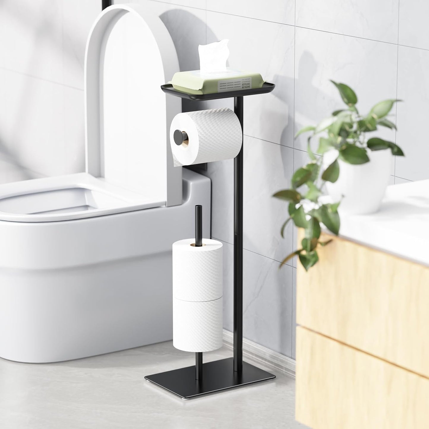 Toilet Paper Holder Stand with Top Storage Shelf | Free Standing Toilet Roll Dispenser for Bathroom, Holds 4 Reserve Rolls, Silver