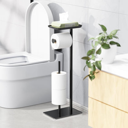 Toilet Paper Holder Stand with Top Storage Shelf | Free Standing Toilet Roll Dispenser for Bathroom, Holds 4 Reserve Rolls, Silver