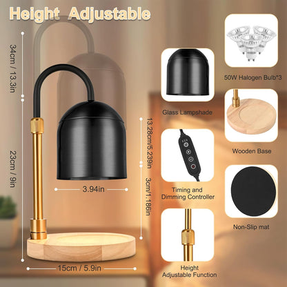 Candle Warmer Lamp with Timer & 3 Bulbs, Dimmable Electric CandleLight Adjustable Height and Brightness Candle Wax Warmer for Jar Candles Bedroom Home Decor House Warming Gift for Women (Round Gold)