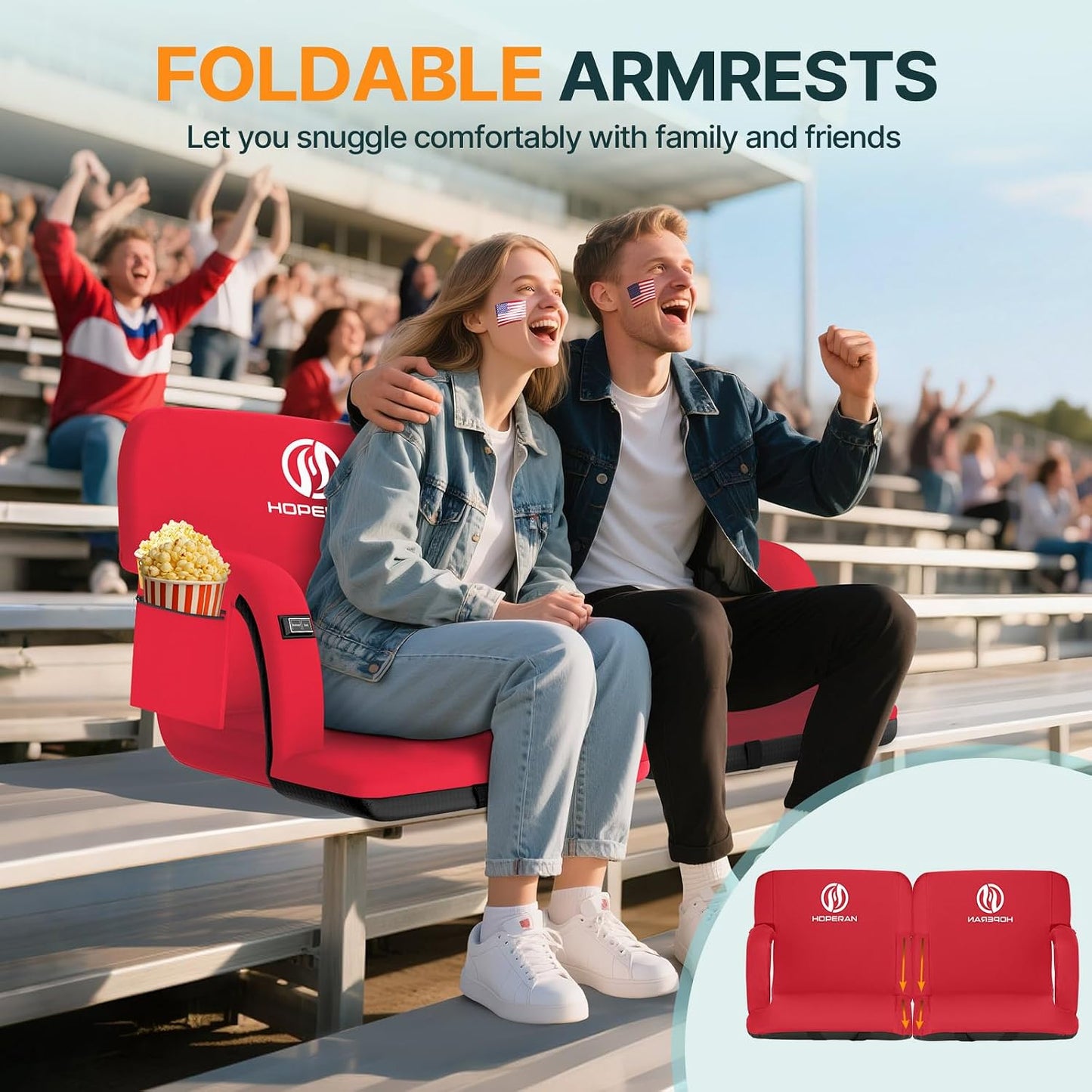 HOPERAN Heated Stadium Seats with Back Support, Dual Control, 1-Pack | Independent Seat & Back 3 Level Heat (NO Battery), Soft Cushion, 6 Recliner, Anti-Slip, Side Pockets, Backpack Straps