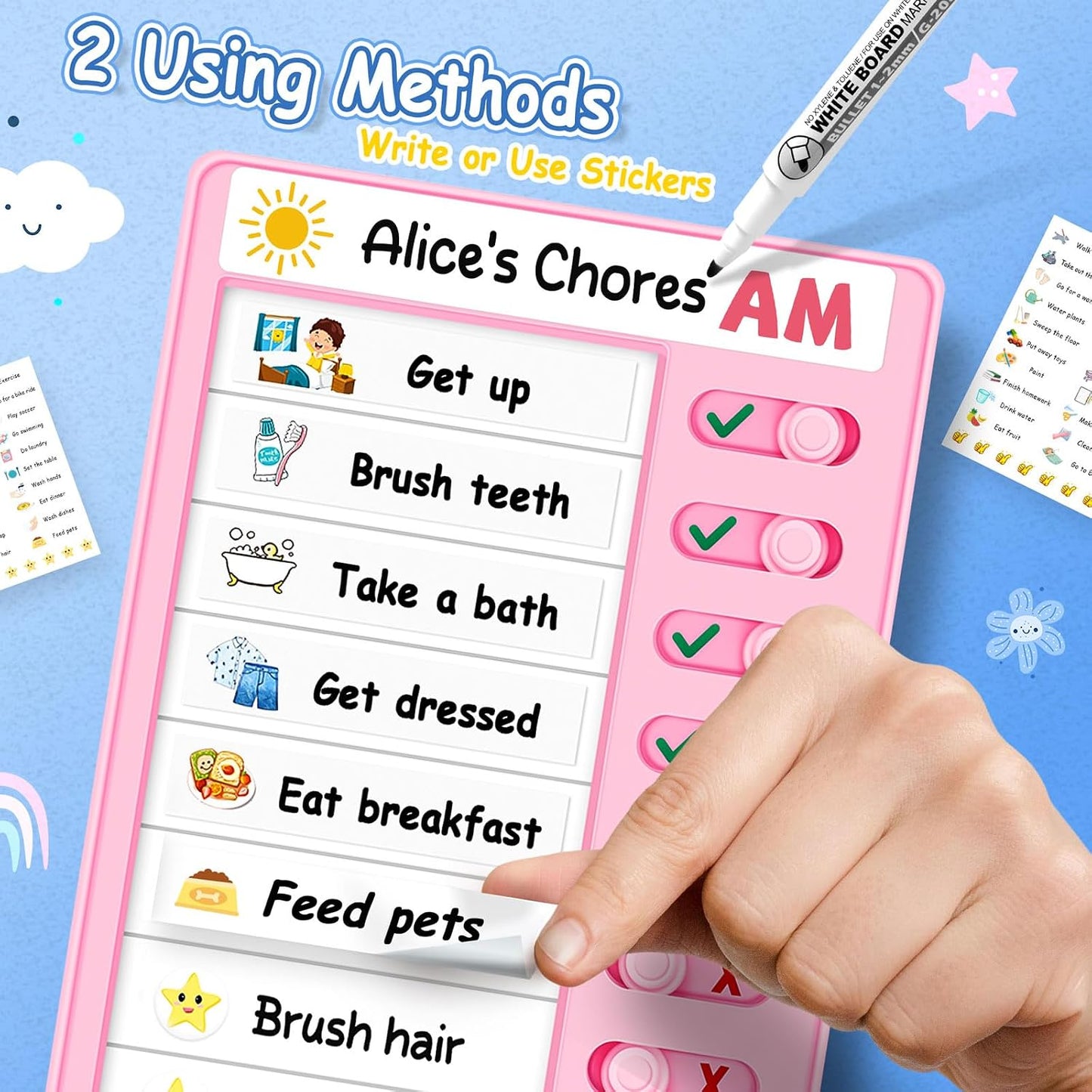 2 Pcs Chore Chart for Kids, Morning/Bedtime Routine Chart, Dry Erase to Do List, Magnetic Checklist, Visual Schedule for Kids (bluepink)